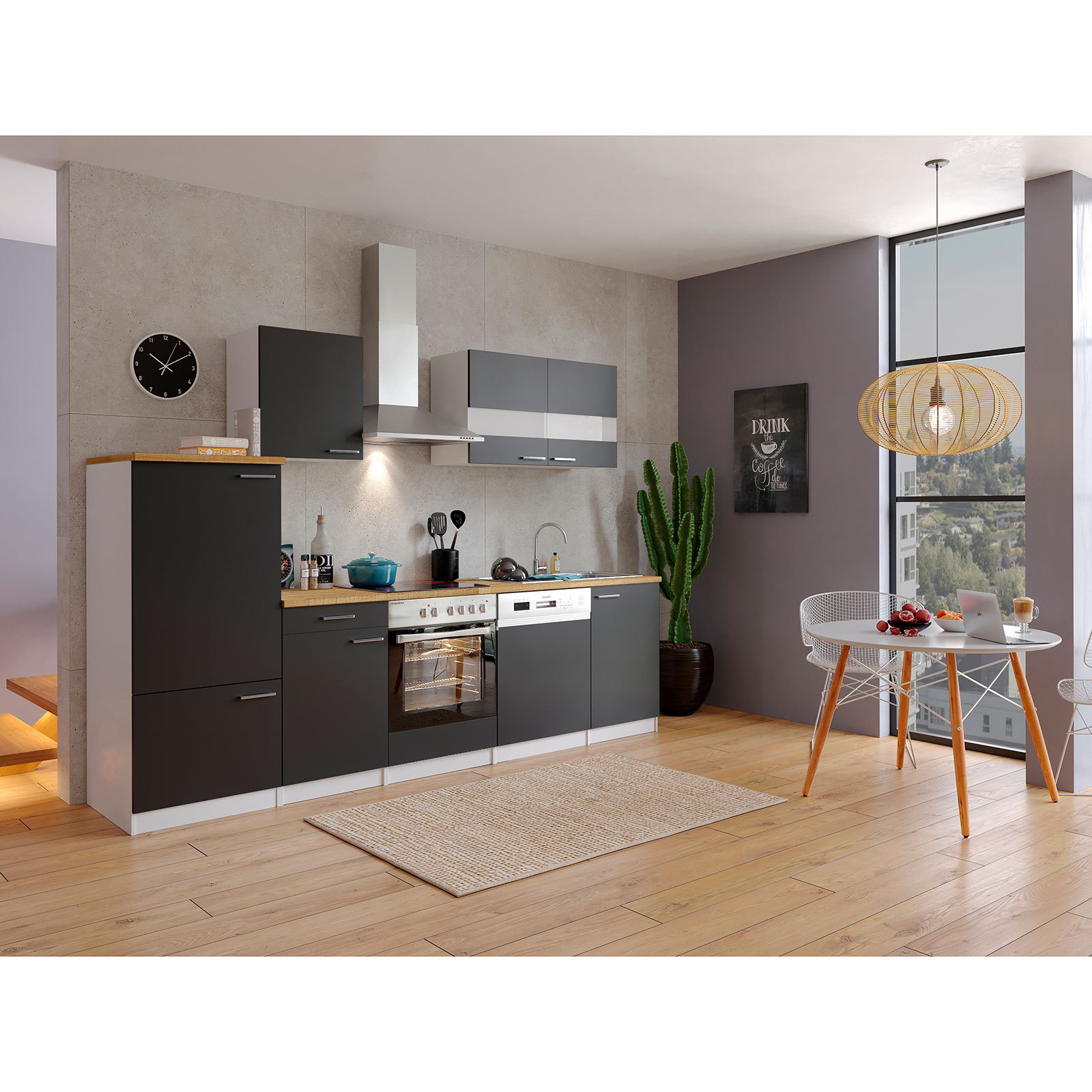 RESPEKTA Küchenblock - schwarz - mit E-Geräten - 280 cm