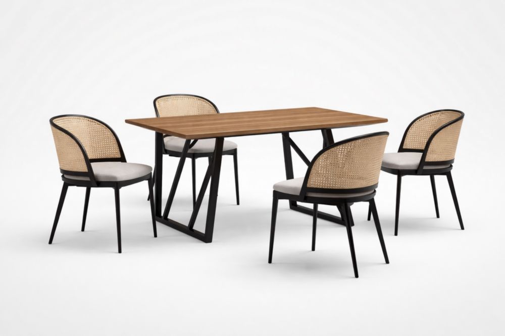 Esstischset Massivholz Tisch und 4 Stühle Rattan Stahl