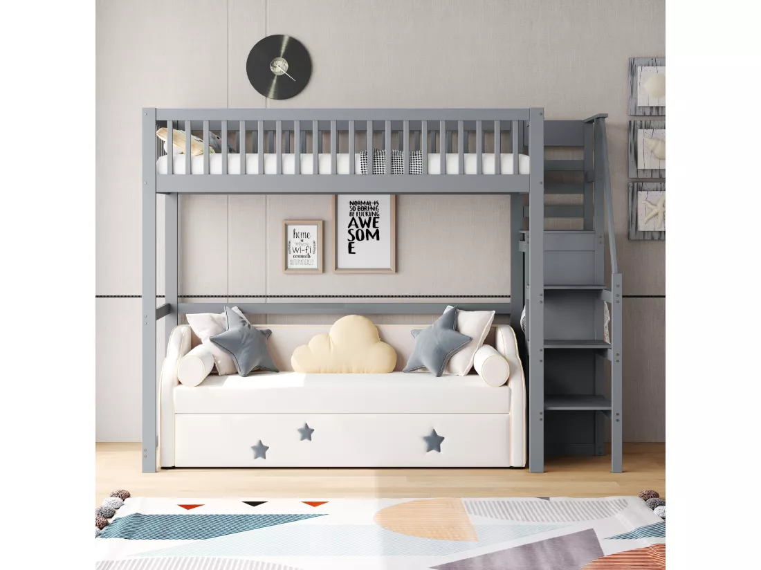 Lit mezzanine 90x200cm en bois - avec une armoire - Gris