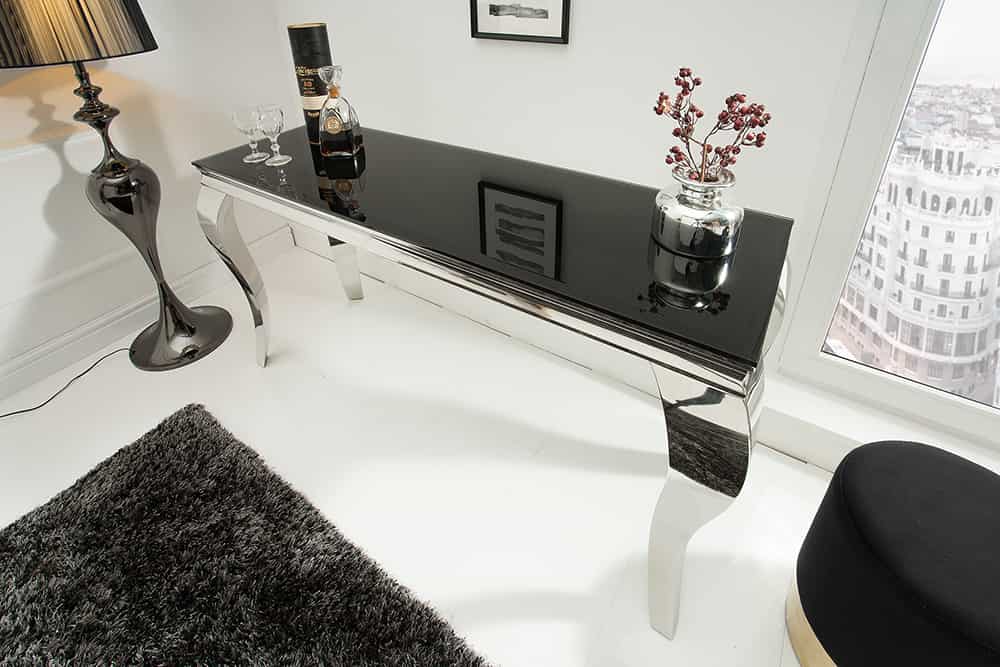 Eleganter Konsolentisch MODERN BAROCK 145cm schwarz Opalglas Edelstahlbeine