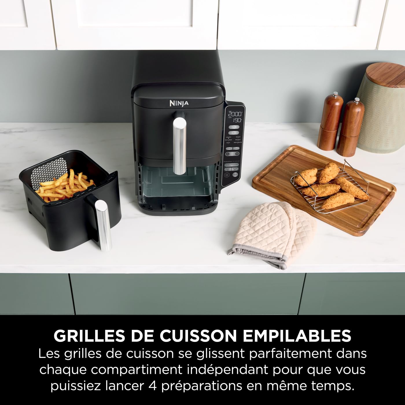 Ninja Double Stack Air-Fryer, Friteuse verticale sans huile à 2 tiroirs, 4 niveaux cuisson, 2 tiroirs et 2 grilles, design compact, capacité de 7,6L,