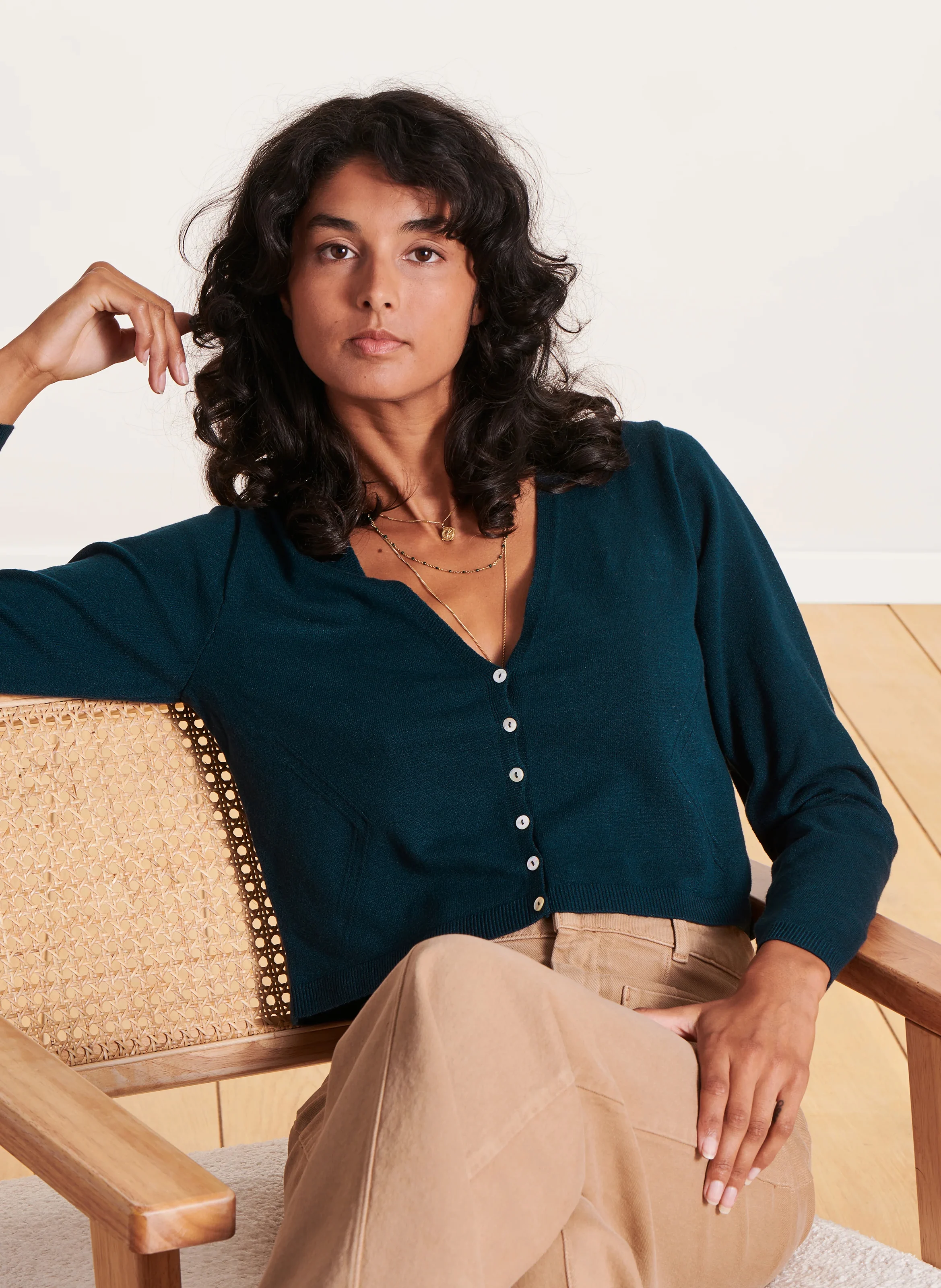 Gilet court col V| Bleu