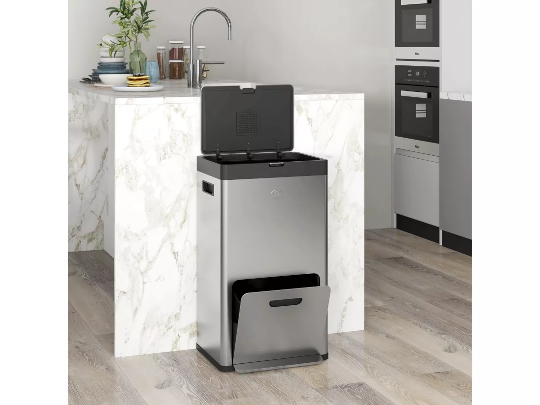 Poubelle de cuisine 2 x 18L + 20L - poubelle à pédale 3 compartiments seaux amovibles filtre anti-odeur - acier inox. brossé