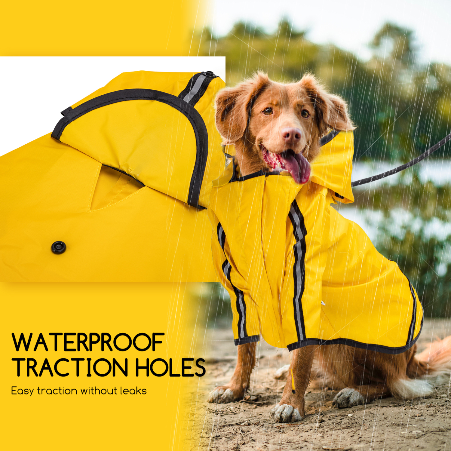 Capa de chuva impermeável para cães Nobleza com capuz e faixas refletoras de segurança, amarela, tamanho G