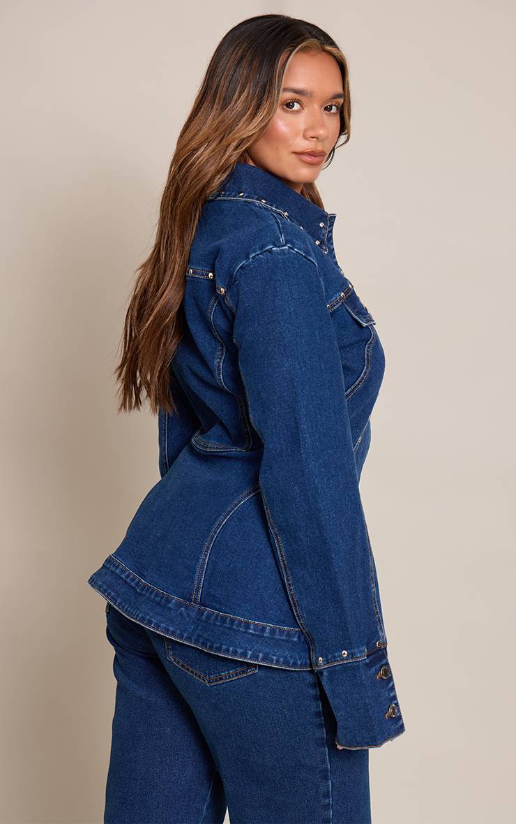 Bleu Foncé Veste En Jean Cintrée À La Taille Avec Clous Shape