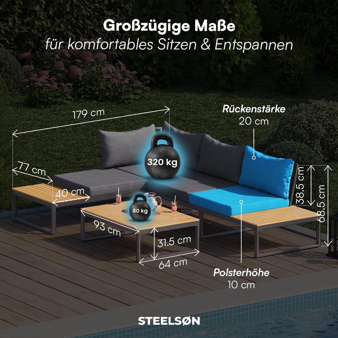 STEELSØN Zandra Gartenlounge Outdoor – modulares Gartenmöbel Set mit Ecksofa & Tisch wetterfest – Balkonmöbel aus Akazien Holz & Stahl mit Kissen in schwarz – Loungemöbel für Garten/Terasse/Balkon