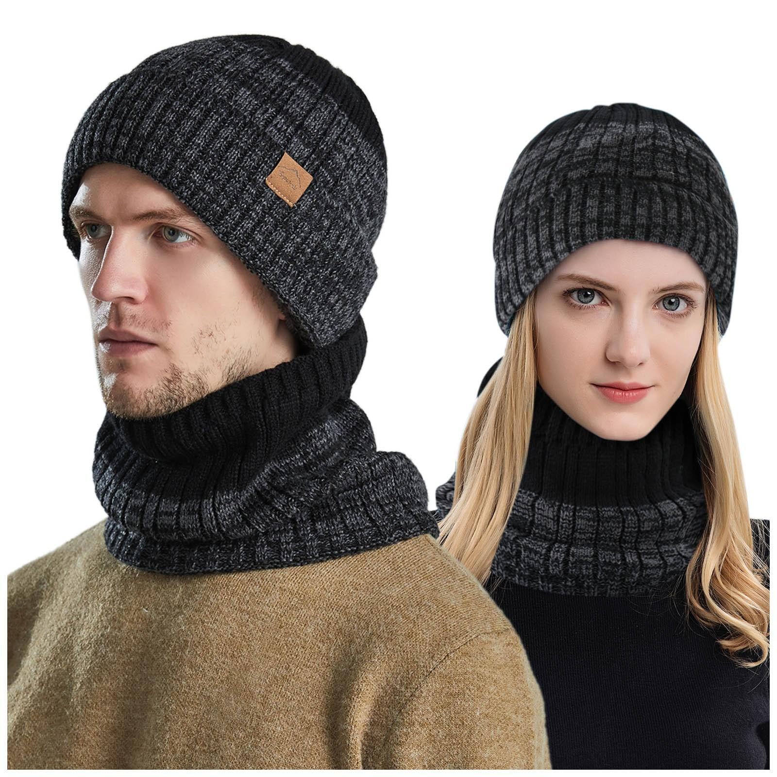 (2-tlg. Set) Unisex Winter Schlauch Schal / Mütze (OneSize) - Schwarz