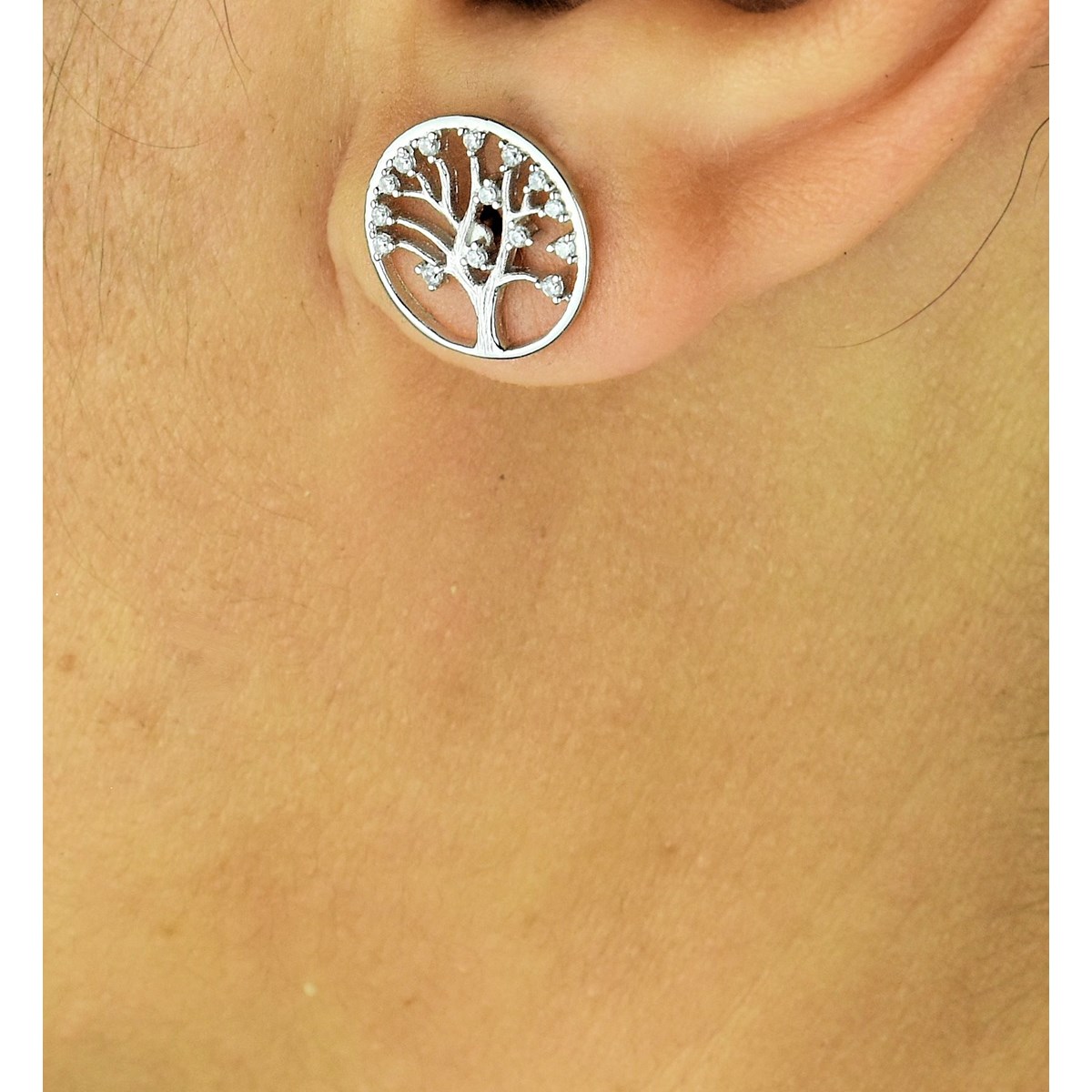 Boucles d'oreilles arbre de vie oxydes de zirconium Argent 925 Rhodié