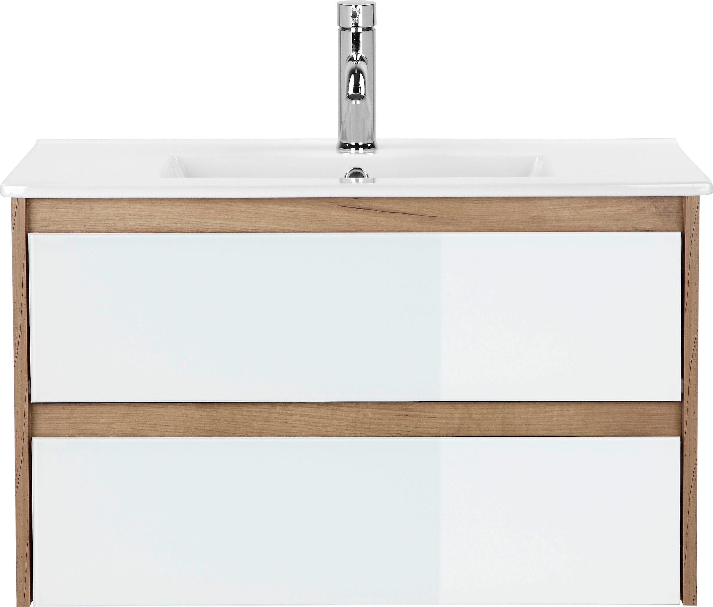 welltime Waschtisch »Torun Badezimmerschrank Unterschrank mit Glasfronten und Softclose« Set,  Waschplatz mit 2 Schubladen und Waschbecken Breite 80 cm