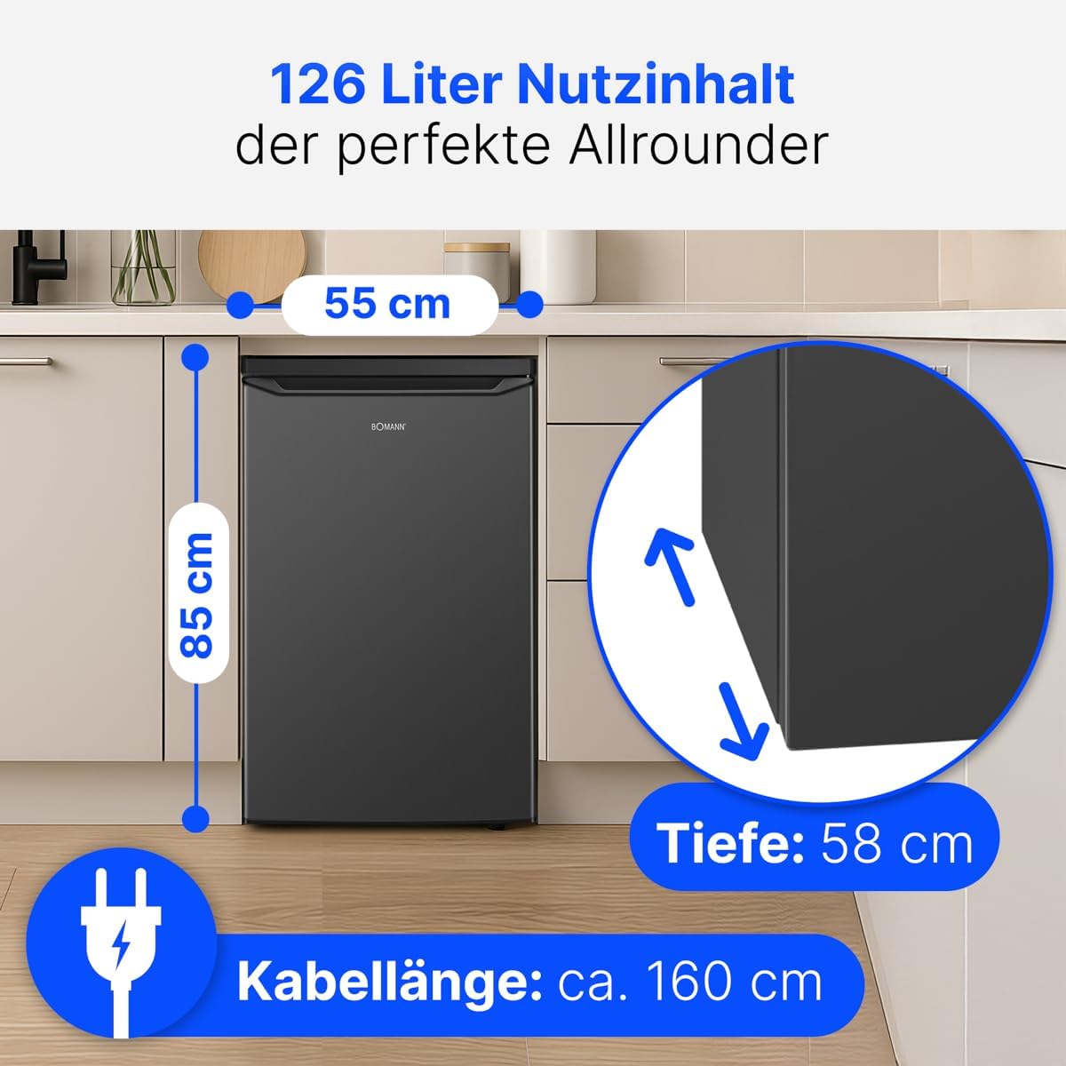 Bomann® Kühlschrank ohne Gefrierfach | Energieklasse C | 85cm | 5 Jahre Kompressor-Garantie | Kühlschrank klein | 0-8°C | leise 35dB | 3 Ablagen | Standardkühlschrank 126L | VS 7258 schwarz
