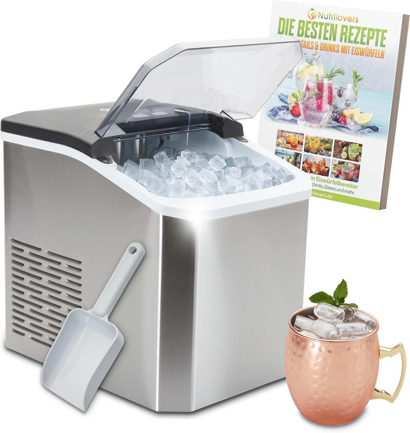 Nutrilovers Eiswürfelmaschine NUTRI-ICE MAKER Edelstahl Eiswürfelbereiter, Transparente Eiswürfel 2 Größen (S/L) inkl. Moscow Mule Becher & Rezeptbuch