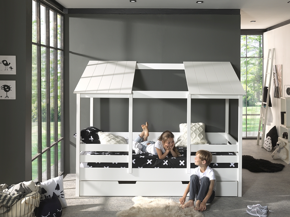 Hausbett - weiß - Bettschublade - offenes Dach - 90x200 cm