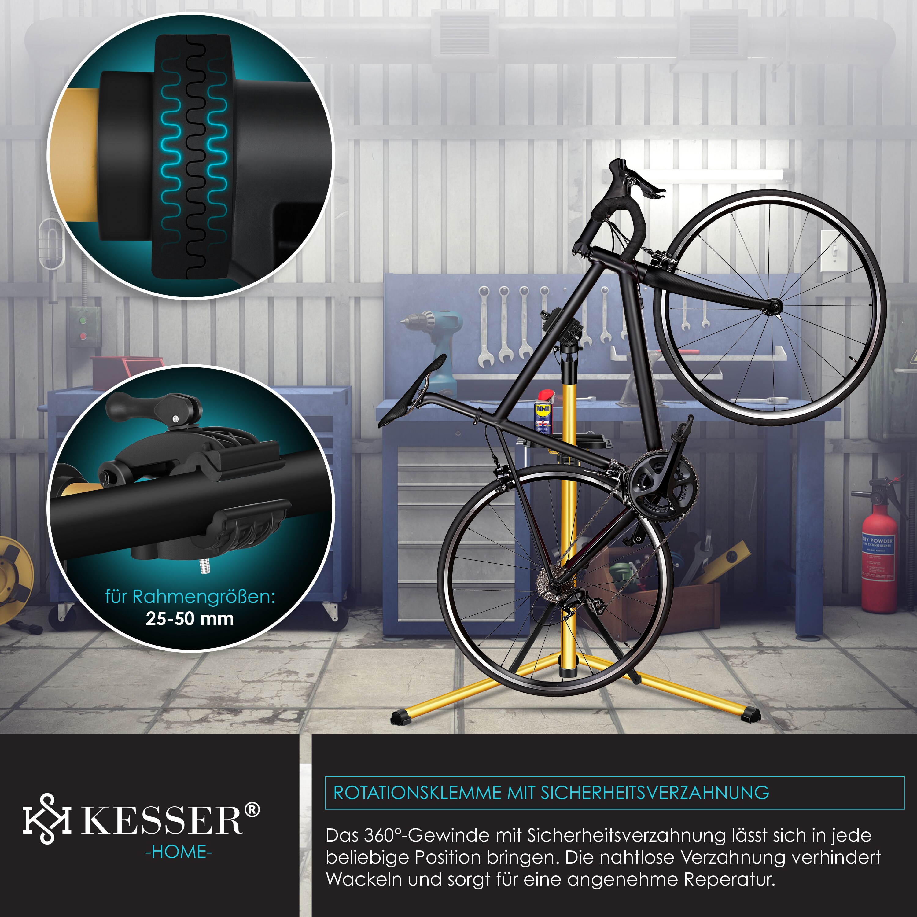 KESSER® Fahrradmontageständer Profi Reparaturständer Aluminium für Fahrräder Mountainbikes E-bike Schwerlast-Montageständer Fahrradständer+Tasche mit Schnelllösevorrichtungen Klemmkopf 360° drehbar