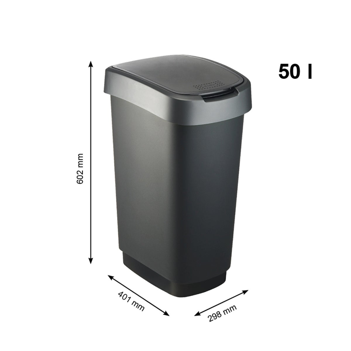 PROREGAL Classic Afvalbak voor Binnengebruik 50 Liter HxBxD 60 x 29,8 x 40 cm Kunststof Zwart-Zilver
