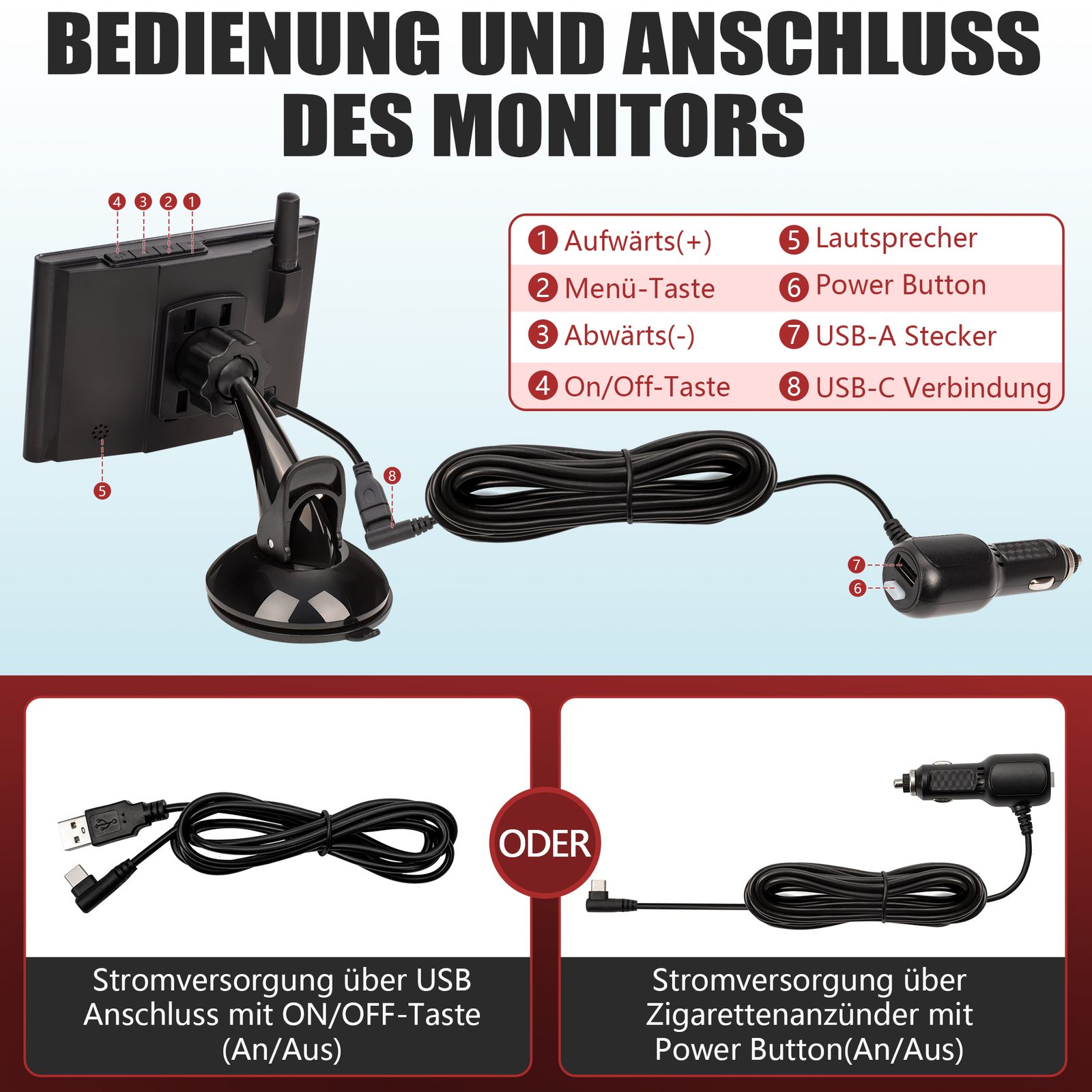 CARMATRIX Solar Funk Rückfahrkamera mit Monitor Rückfahrsystem kabellos mit Solarpanel für PKW