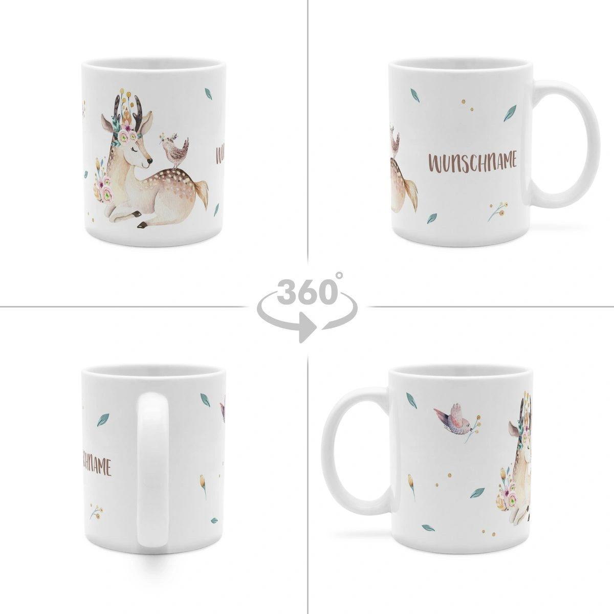 Personalisierte Panorama-Tasse, weiß (Motiv: Reh)
