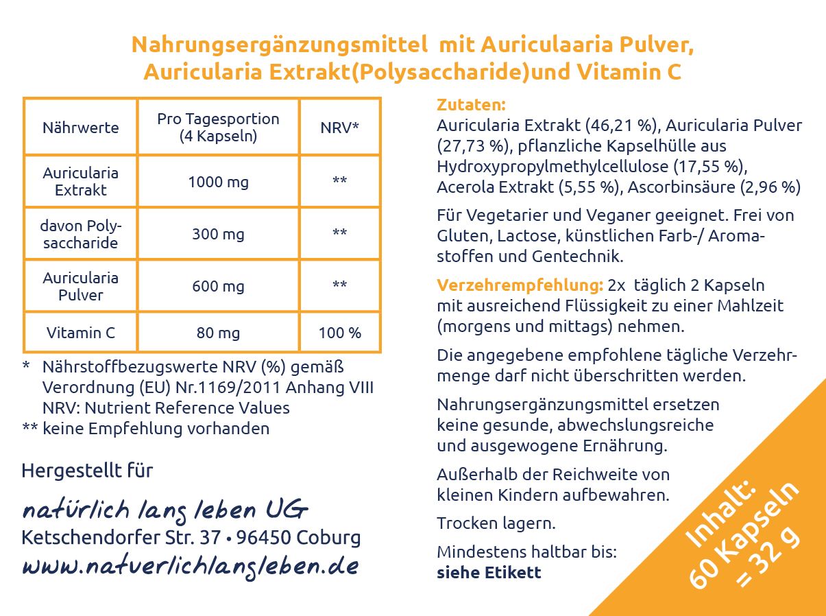 natürlich lang leben BIO Auricularia Vitalpilz