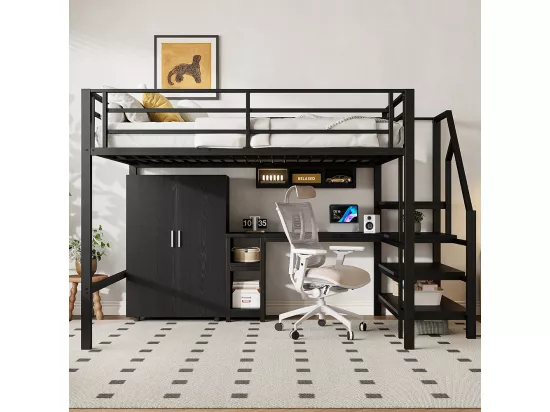 Lit mezzanine 140x200 armoire étagères échelle de rangement bureau Noir