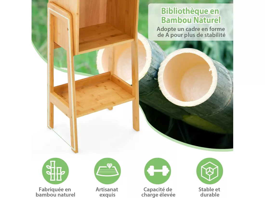 Bibliothèque Étagère Rangement en Bambou, Meuble Case Compartiment Cube, Pieds Bords Surélevés, Meuble Bibliothèque pour Petit Espace, Chambre, Salon, Cuisine (Jaune, 80 CM)