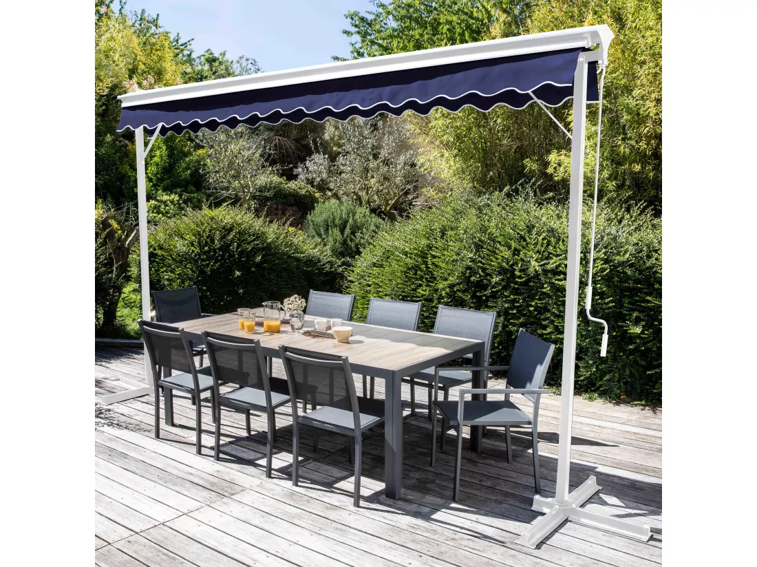 Store double pente avec coffre 3 x 4 m en aluminium bleu marine