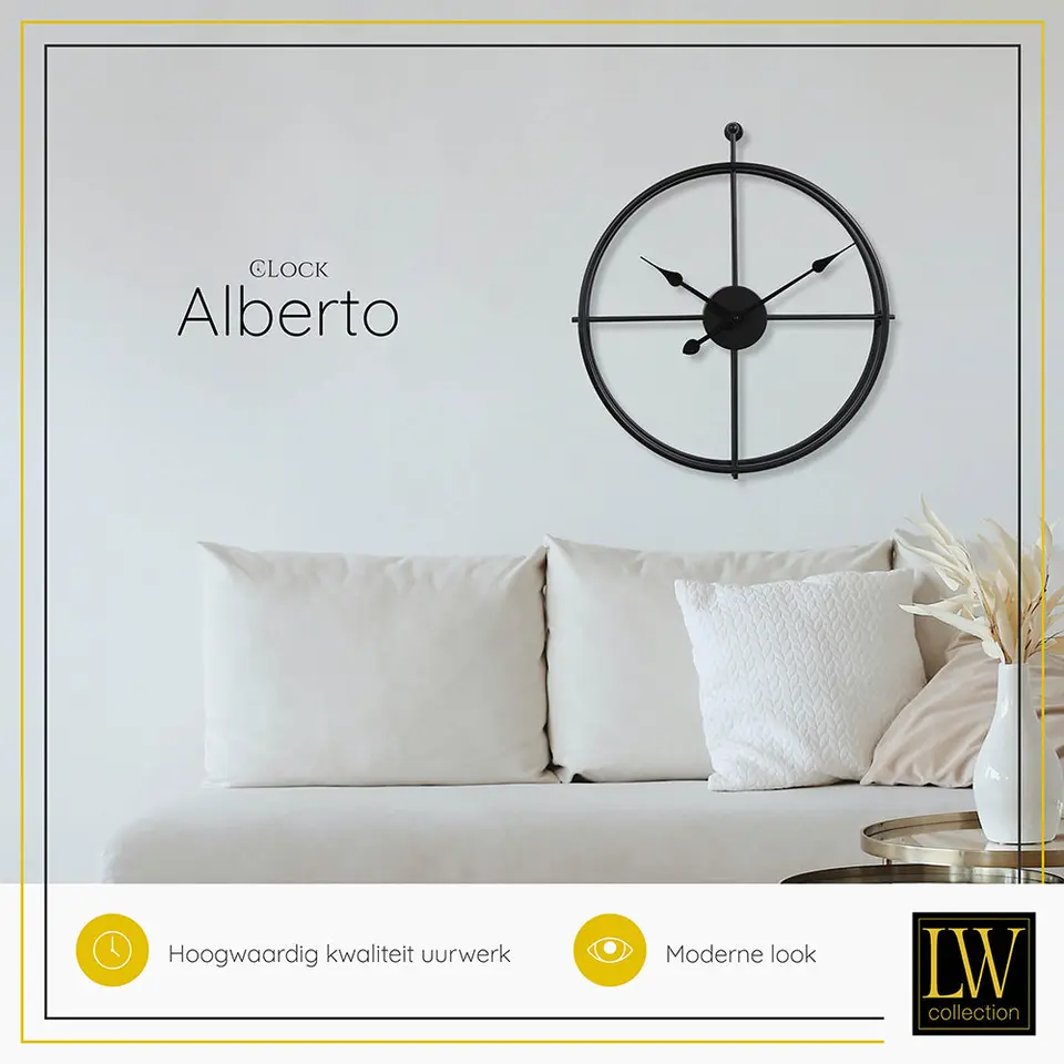 LW Collection Wandklok Alberto zwart 62cm