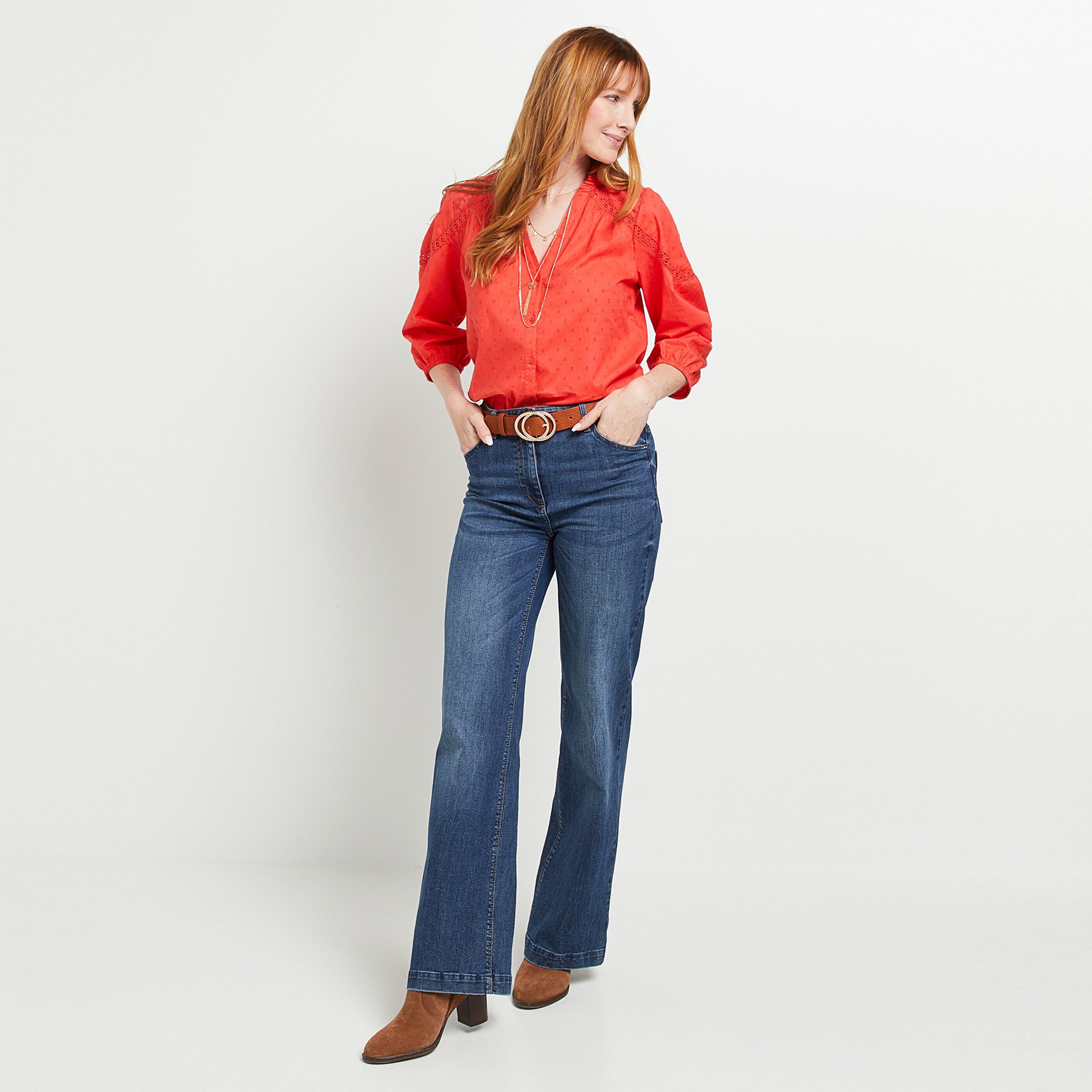 Chemise manches 3/4 dentelle - ROUGE