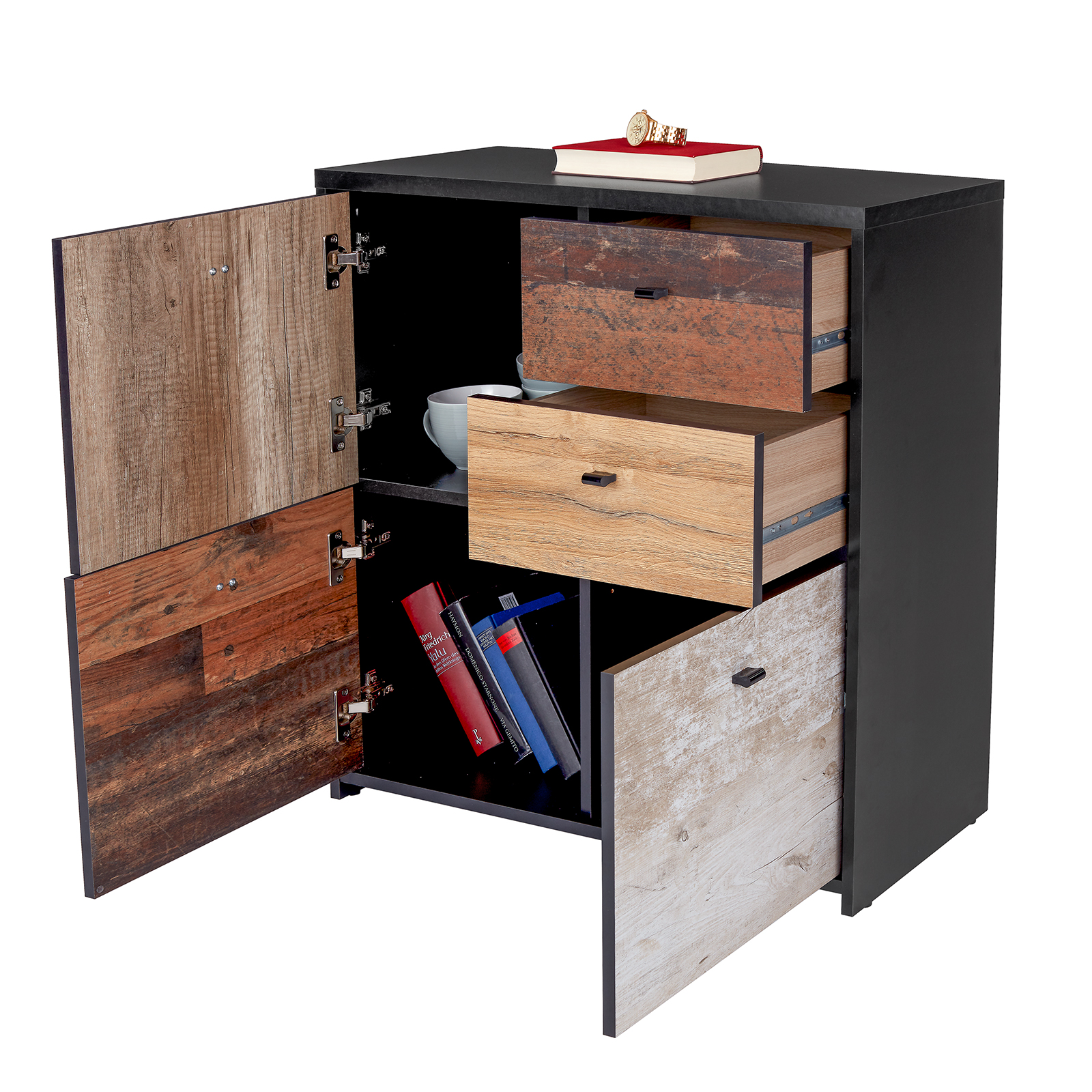 Kommode - Eiche-Pinie-schwarz - 77 cm breit