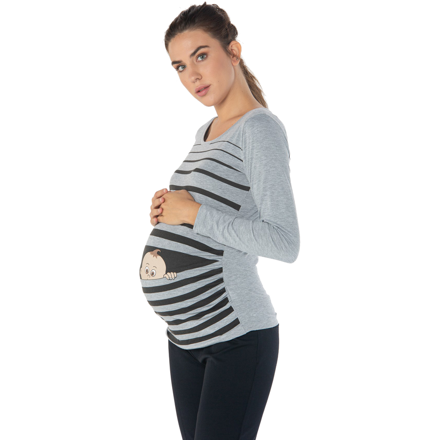 M.M.C. Umstandslangarmshirt Baby Flucht mit Motiv Grau