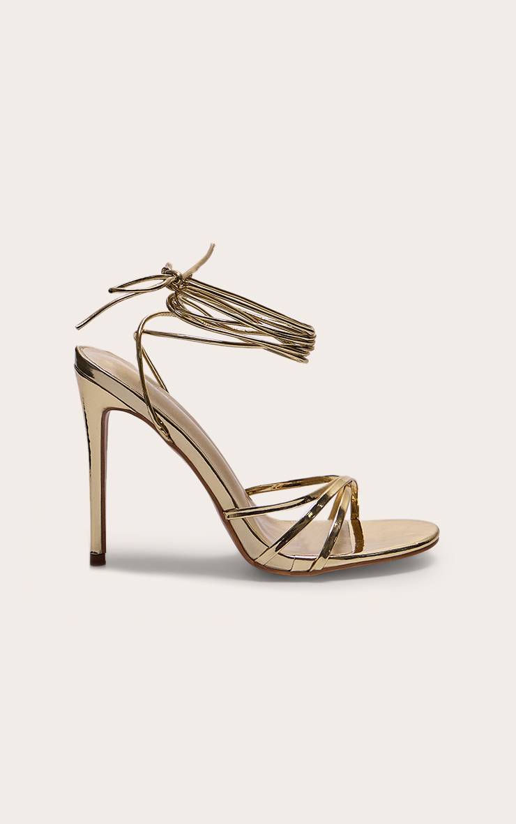 Doré Sandales À Talons Hauts Métallisées À Bout Rond Avec Lacets