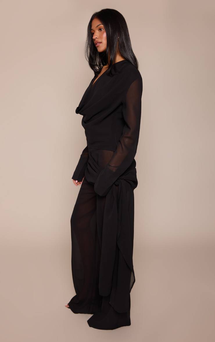 Noir Ensemble Coordonné Pantalon En Mousseline Froncé Avec Lien Tall