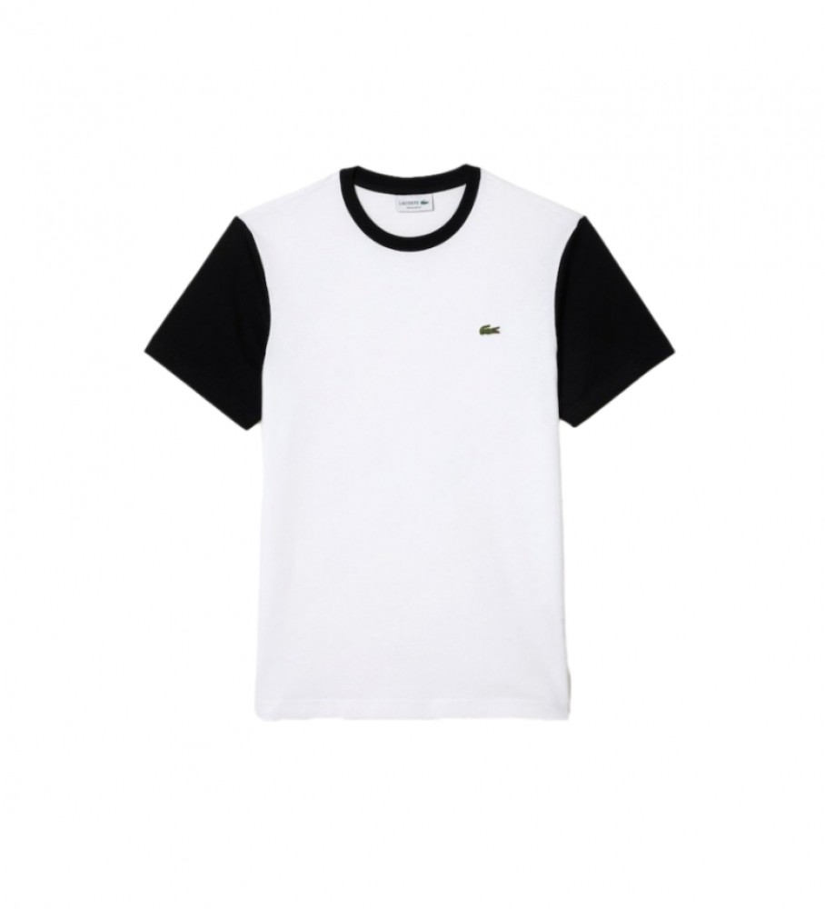 Camiseta Lacoste de malha com modelagem regular e estampa em blocos de cor branca.