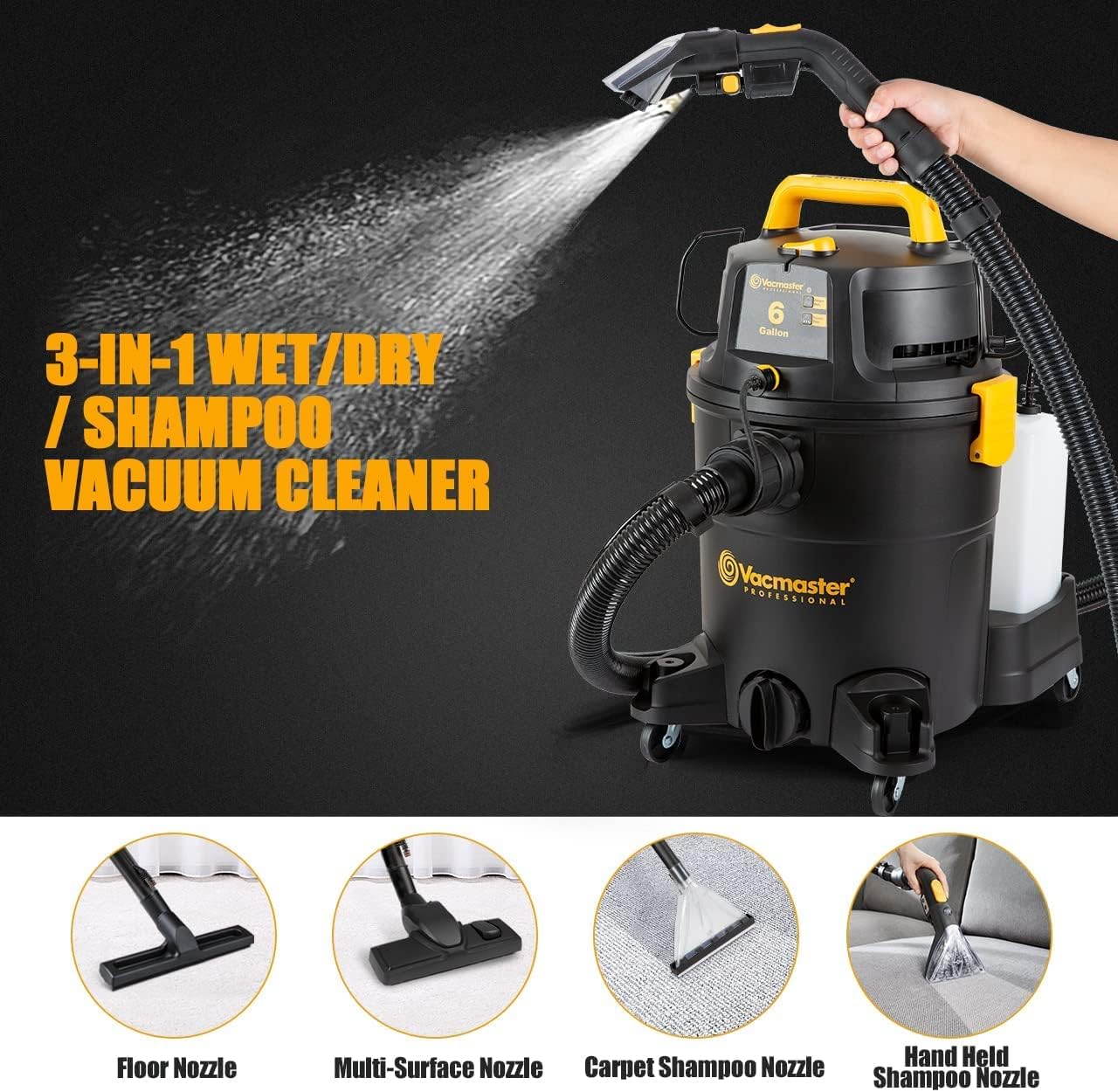 Vacmaster VK1323PFR 1300W 23L 3-in-1 Waschsauger Nass Trockensauger mit Dual-Tank-Design,Bodenreiniger Für Hartböden Teppiche,Teppich-Reinigungsmaschine