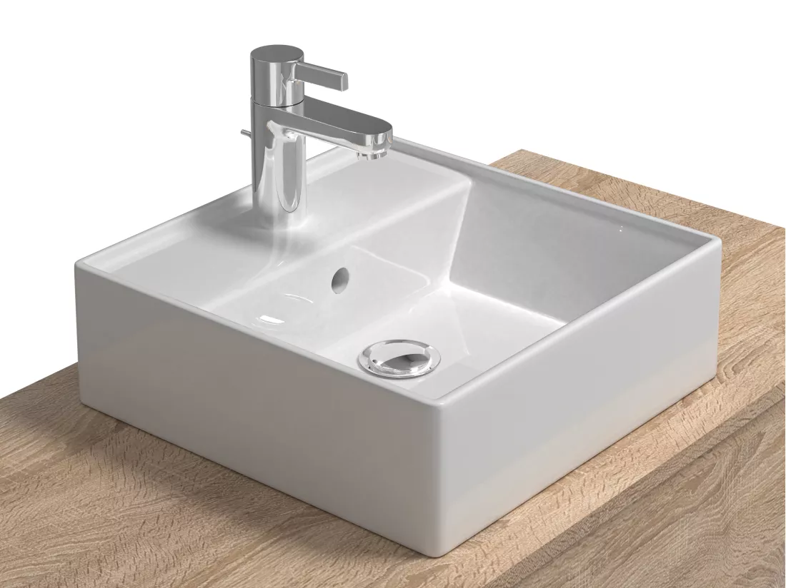Meuble de salle de bain suspendu blanc et naturel clair avec simple vasque carrée et deux tiroirs - 94 cm - TEANA II