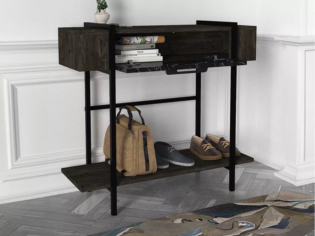 Console avec 1 porte et 1 étagère - Naturel foncé et effet marbre noir - CHENOA
