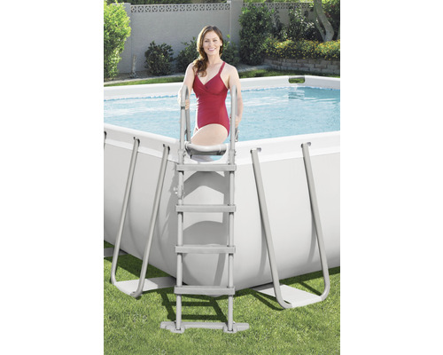 Opbouw zwembadset Bestway rechthoekig 488x244x122 cm inclusief zandfiltersysteem, ChemConnect doseersysteem, ladder en afdekking grijs