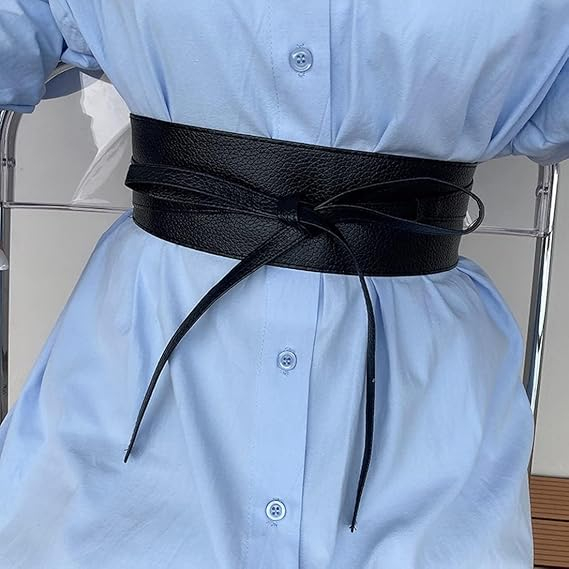 (74-90cm) Leder Taillengürtel Accessoire Wickelgürtel mit Schlaufe - Schwarz