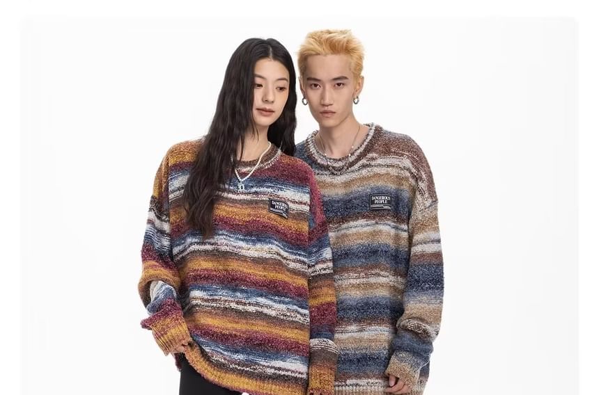 Dubbelwit - Unisex lange mouwen gestreepte losse trui