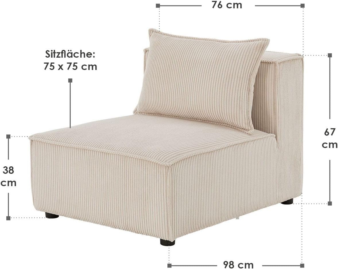 Juskys Mittelsofa Domas - modulares Sofa in Cord Beige - Wohnzimmer Couch mit Kissen - Modulsofa 130 kg belastbar - Sofagarnitur Wohnlandschaft
