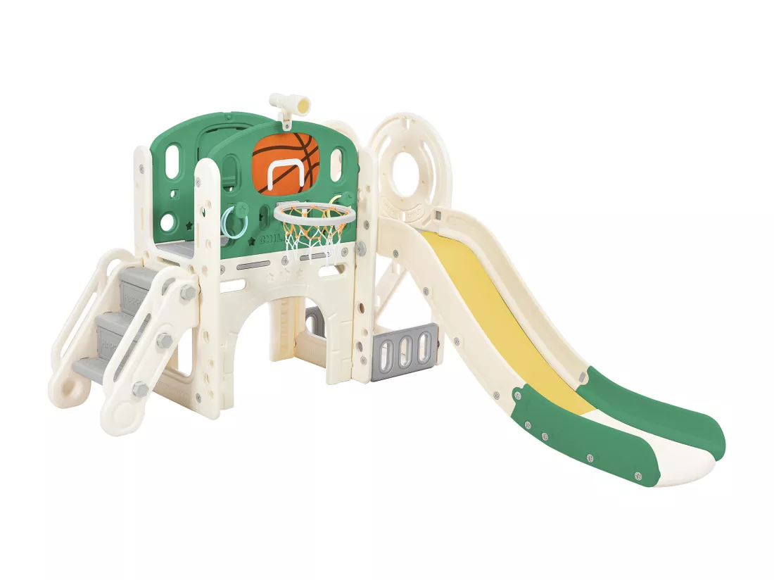 Toboggan pour Enfants,Aire de Jeux intérieure et extérieure- avec panier de basket, toboggan, ,Escalade- Vert