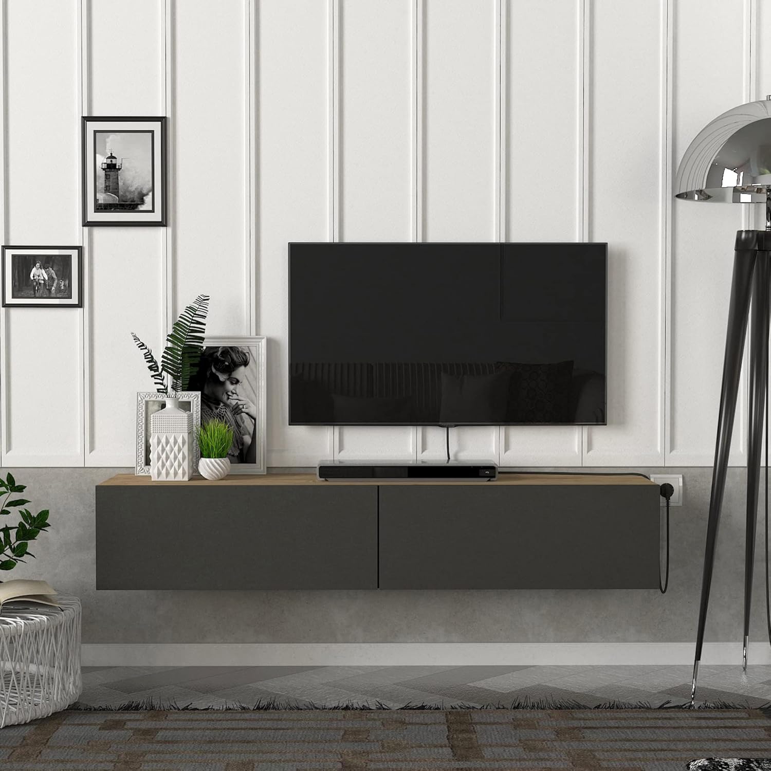 [en.casa] Fernsehschrank Toivakka mit 2 Staufächern Lowboard 135x31x25cm Hängeboard schwebend Eiche/Anthrazit