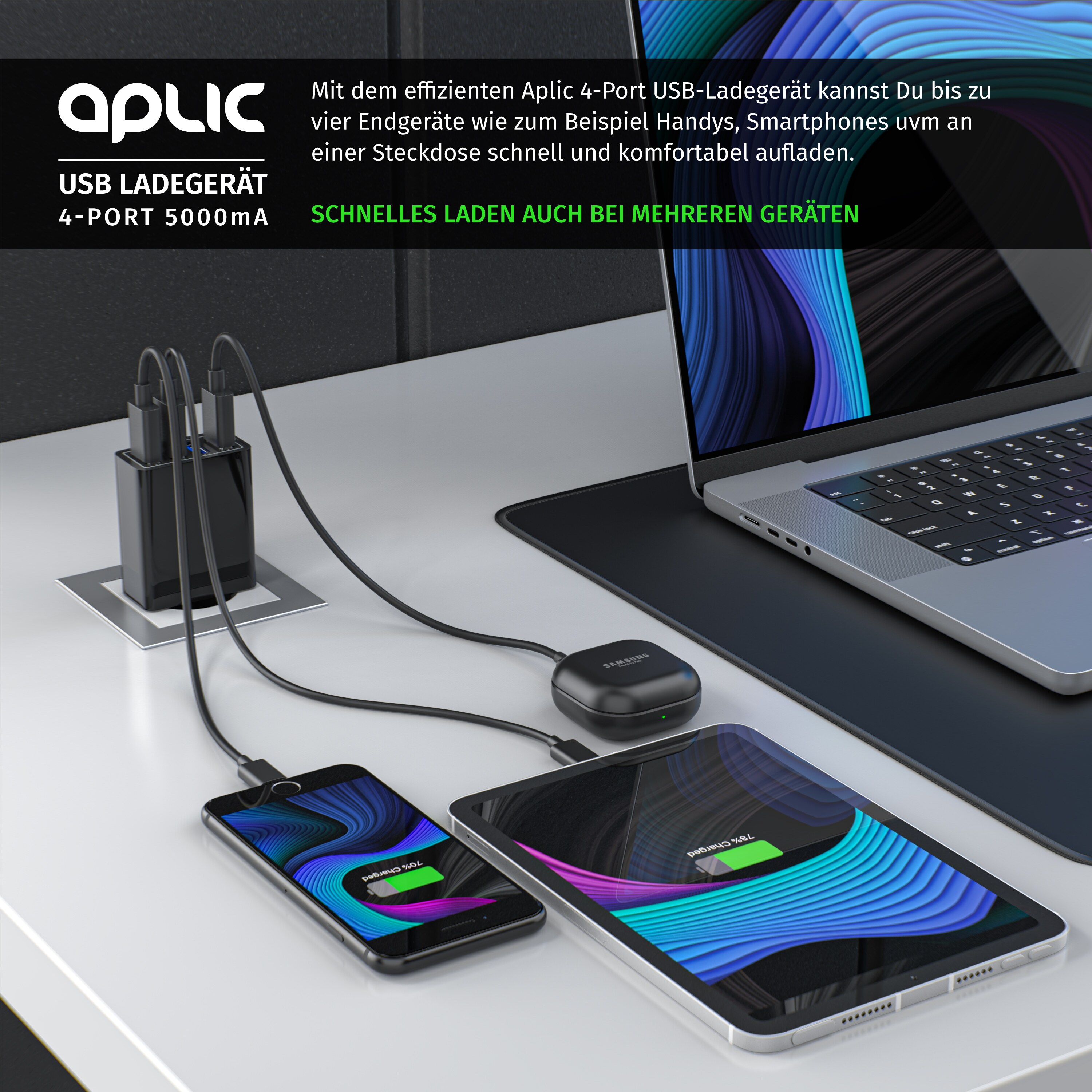 Aplic USB-Ladegerät 5000 mA, 4-Port Netzteil für Handy, Tablet uvm. 5000mA, 2,4A Max. je Port, 25W