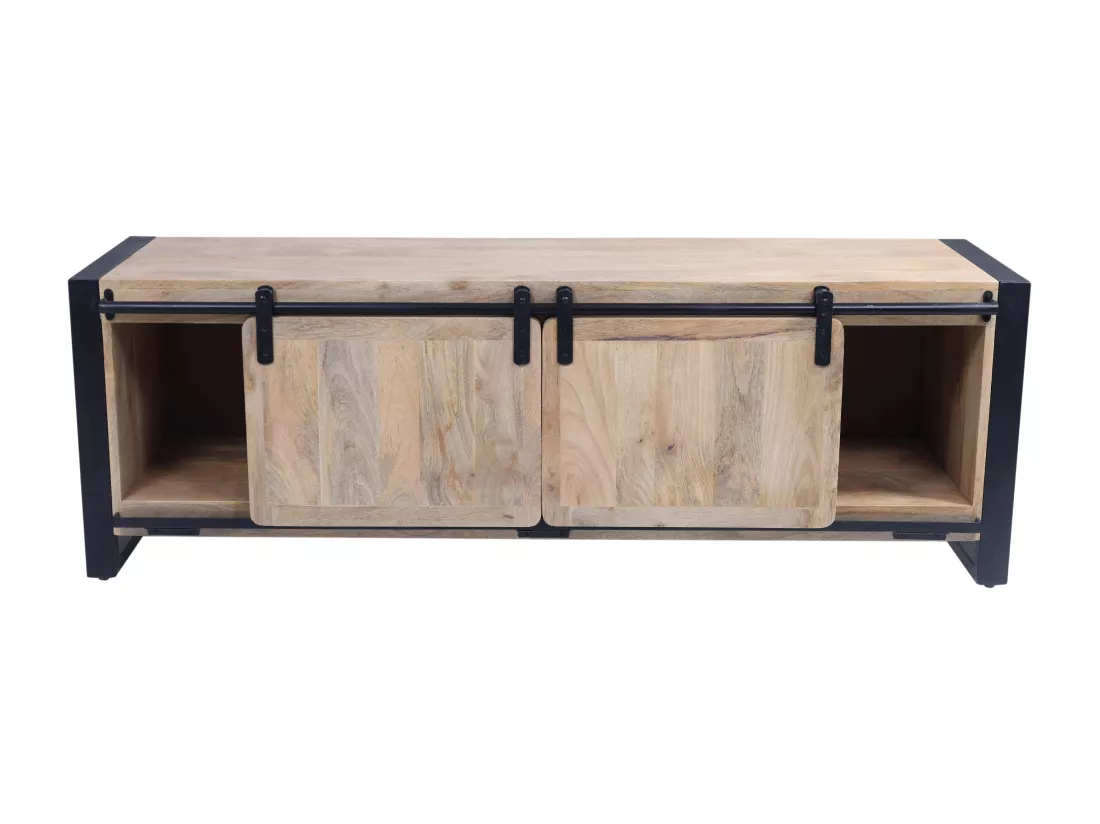 Meuble TV avec 2 portes, 1 tiroir et 1 niche en bois de manguier et métal - Naturel et noir - HARLEM II