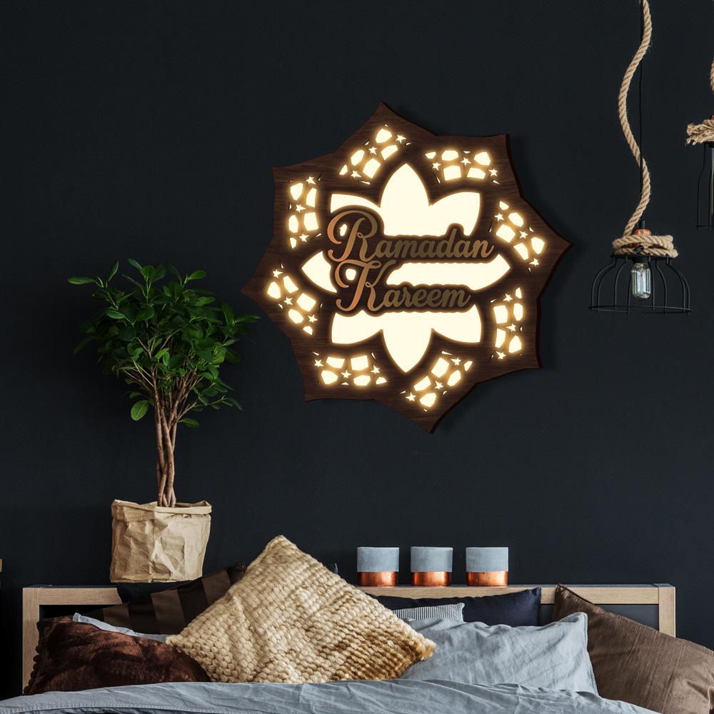 (Ø30cm) Holz Ramadan Kareem Deko Licht Eid Mubarak Accessoire Bajram Beleuchtung (Batteriebetrieben) - Warmweiss