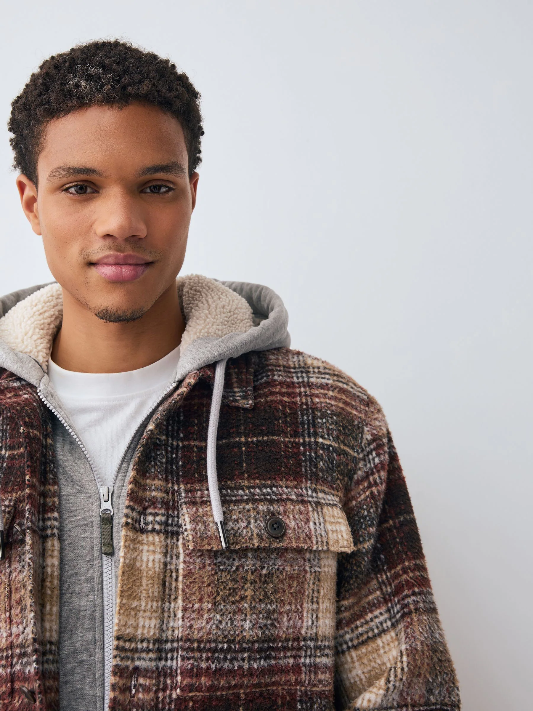 Roestbruin - Borg gevoerd ruit overshirt met capuchon