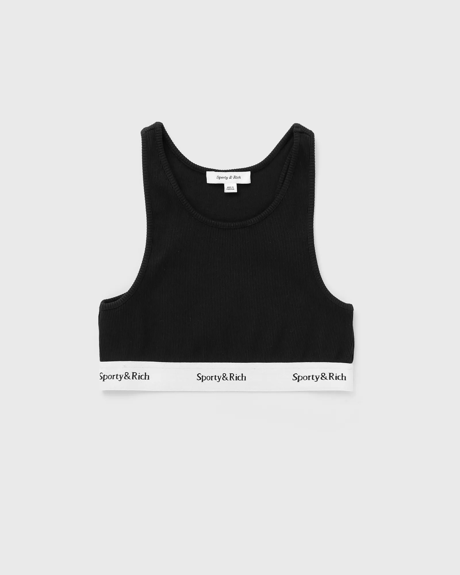 Regata cropped esportiva e sofisticada com logo serifado.
