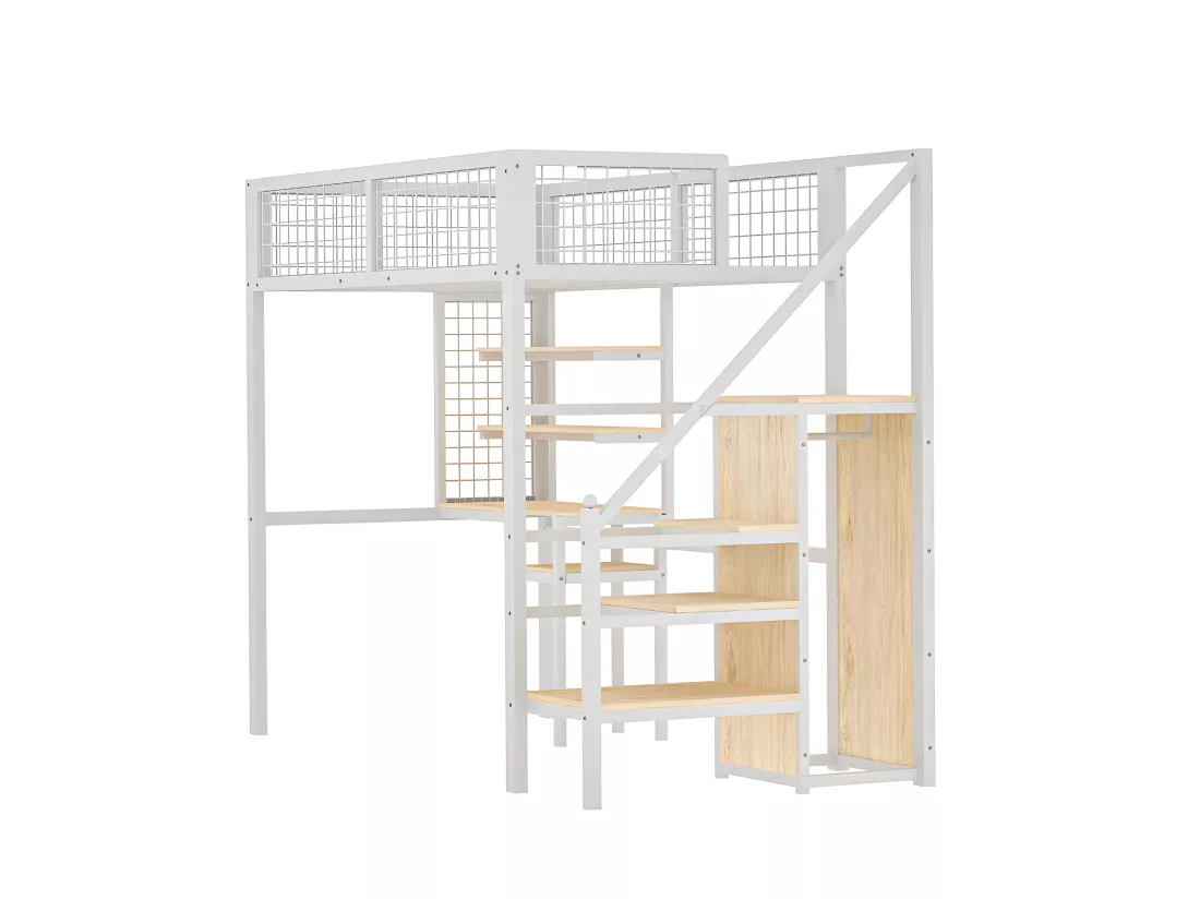 Lit mezzanine - moire avec étagères - 90 x 200 cm - Blanc - Sweiko