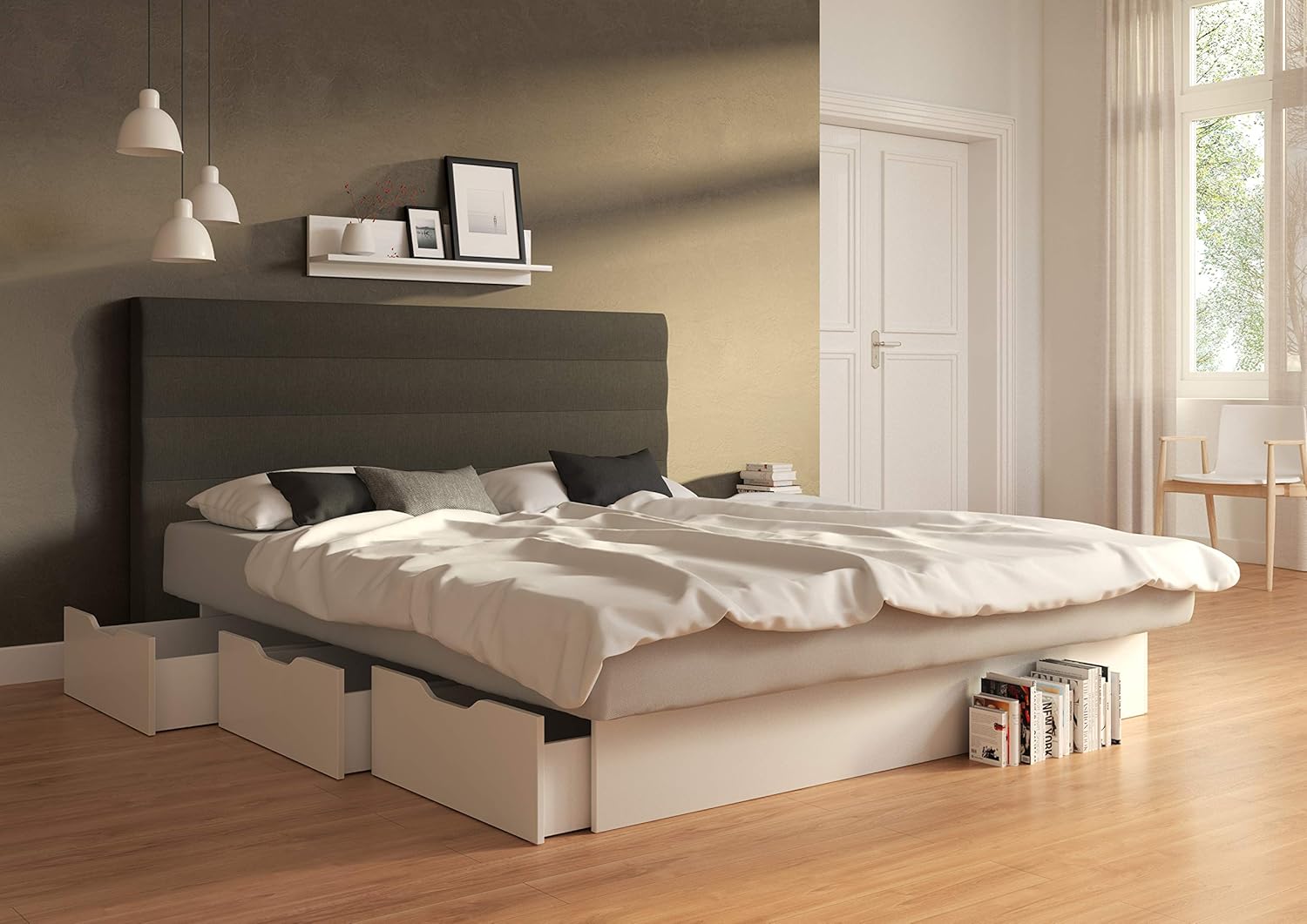 SuMa - Waterbed komplett 200x210 dual Wasserbett mit 6 Schubkästen weiß und Kopfteil Largo, Farbe anthrazit 200x210 cm