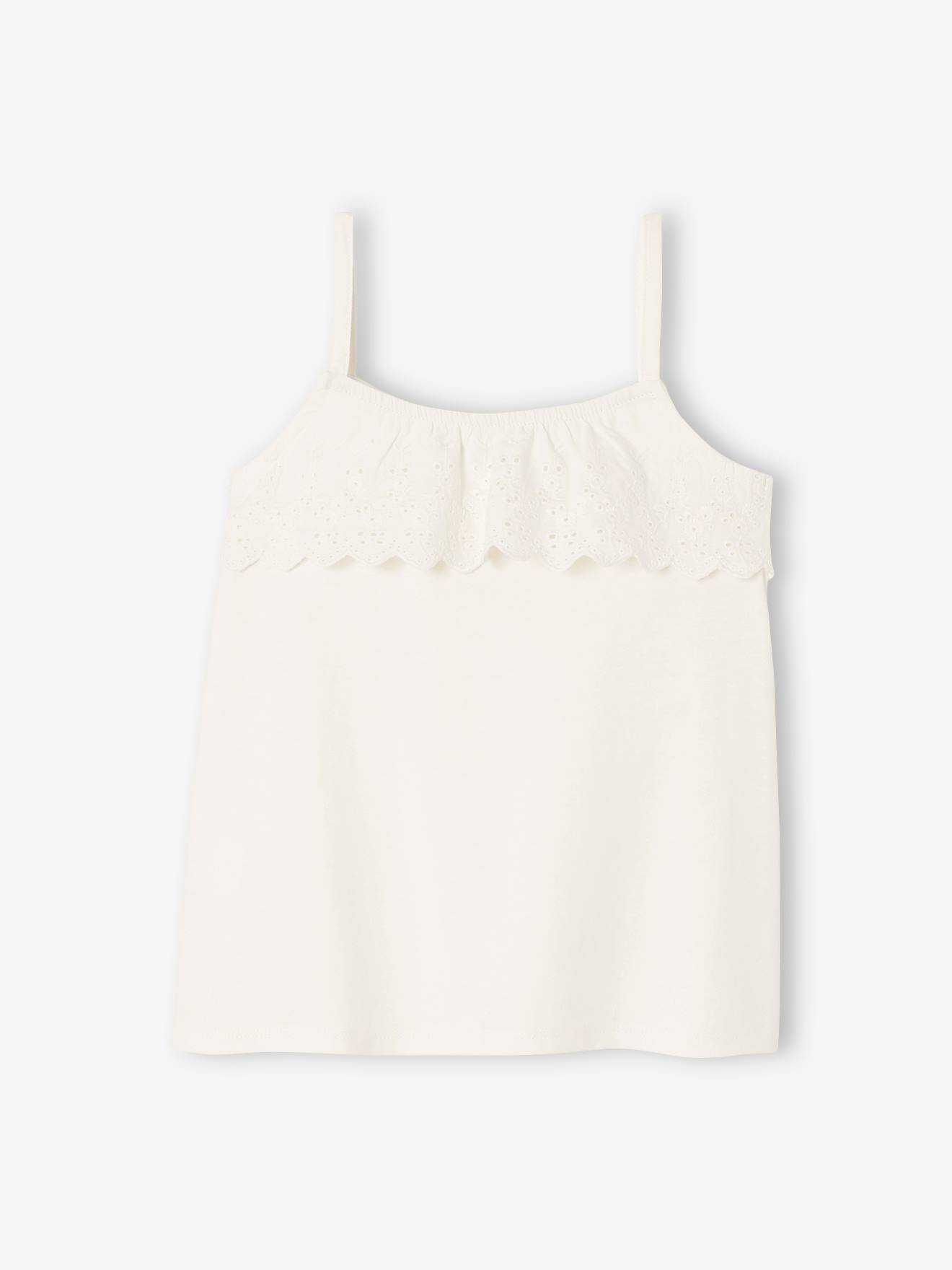 Camiseta sem mangas com babados e bordado inglês, para meninas, amarelo claro.