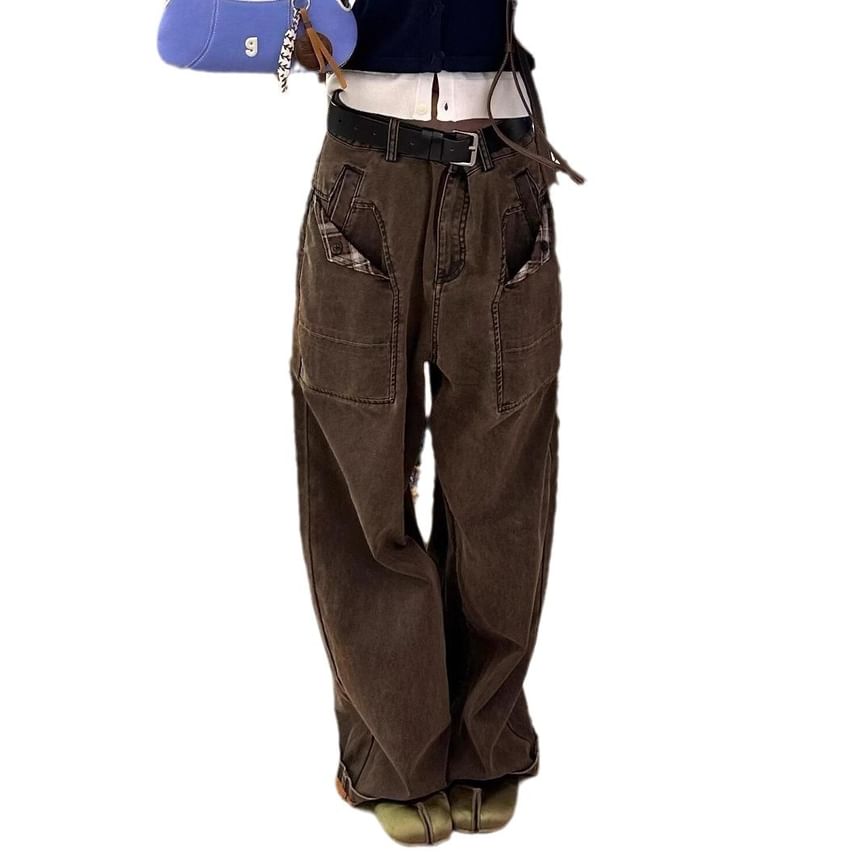 Jerolenea - Geruite cargojeans met lage taille en wijde pijpen