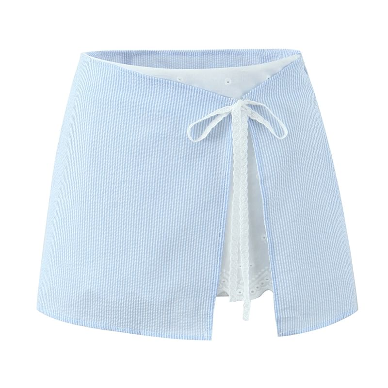 Ulark - Gestreepte cami-top met strik en kant / Mini-A-lijn rok met hoge taille en split